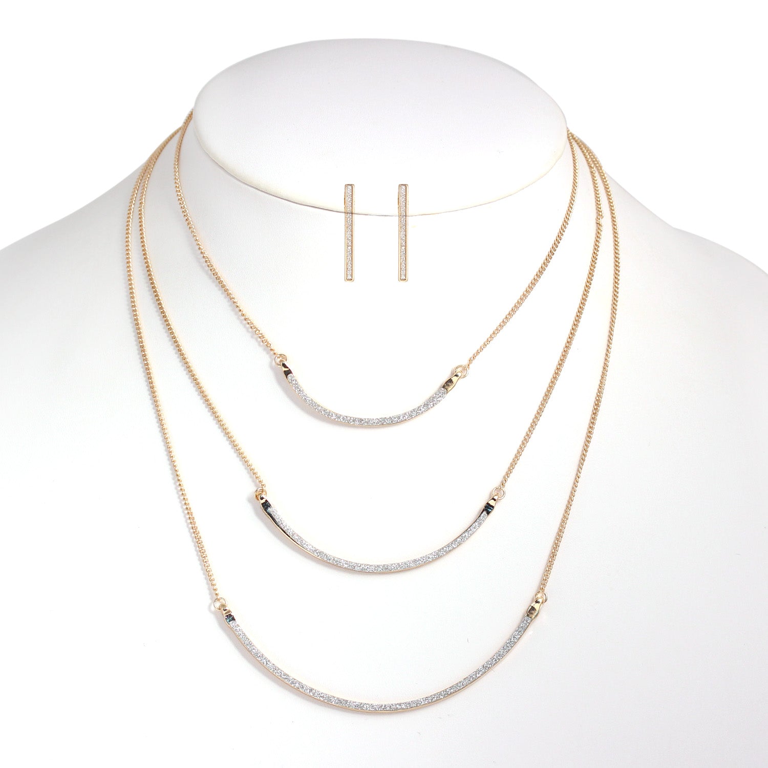 Gold-Tone Metal Glittering Earrings And Adjustable Lobster Clasp Set Of 3 Necklaces