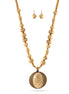 Oxidized Gold Round Pendant And Gold Beads Adjustable Length Necklace And Earrings Set