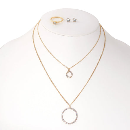 Gold-Tone Metal Crystal Rings And Earrings Adjustable Lobster Claw Closure Necklaces Set