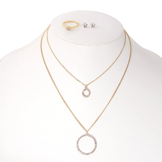 Gold-Tone Metal Crystal Rings And Earrings Adjustable Lobster Claw Closure Necklaces Set