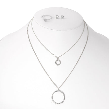 Silver-Tone Metal Crystal Rings And Earrings Adjustable Lobster Claw Closure Necklaces Set