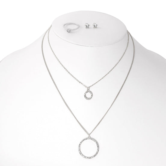 Silver-Tone Metal Crystal Rings And Earrings Adjustable Lobster Claw Closure Necklaces Set