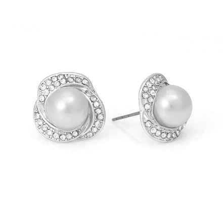 Silver-Tone Metal Cream Pearl Crystal Stud Earrings
