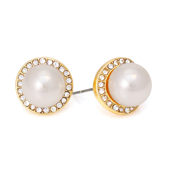 Gold-Tone Metal Cream Pearl Crystal Stud Earrings