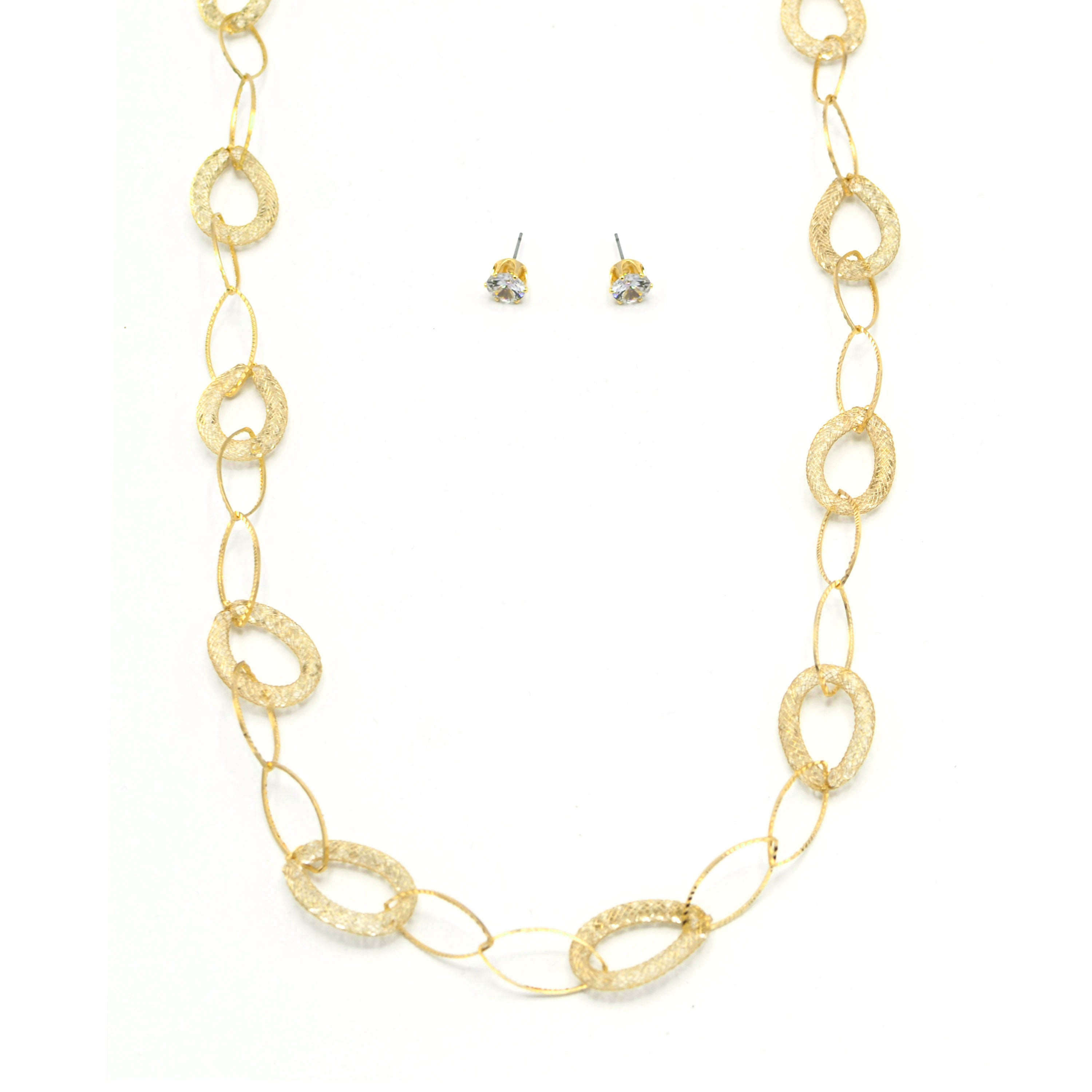 GOLD CRYSTAL WIRE MESH NET TUBE COLLECTION NECKLACE INSIDE CRYSTAL WIRE MESH EARRINGS AND NECKLACE #SWKK-8149 GLD (TG18)