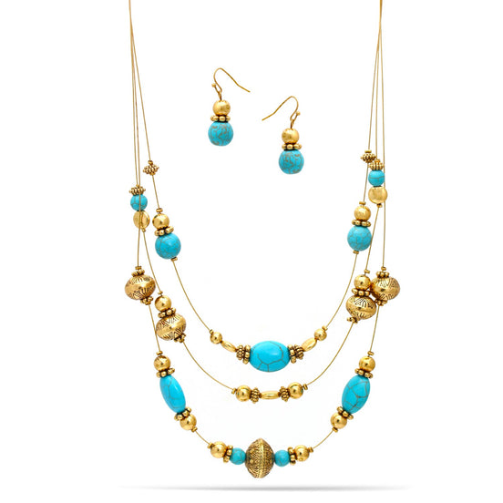 Gold Oxidize And Turquouse Beads Earrings And Adjustable Length Necklaces Set