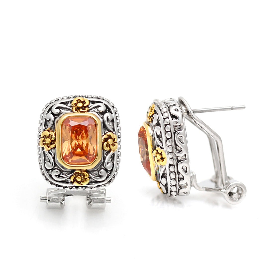 Two Tone Square Filigree Champagne Crystal Post Earrings