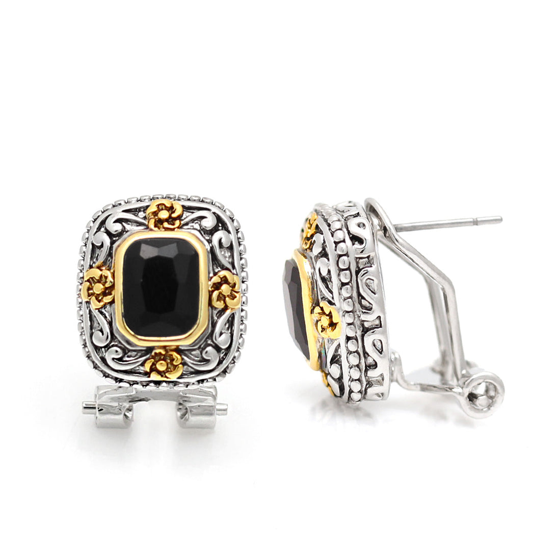 Two Tone Square Filigree Black Crystal Post Earrings