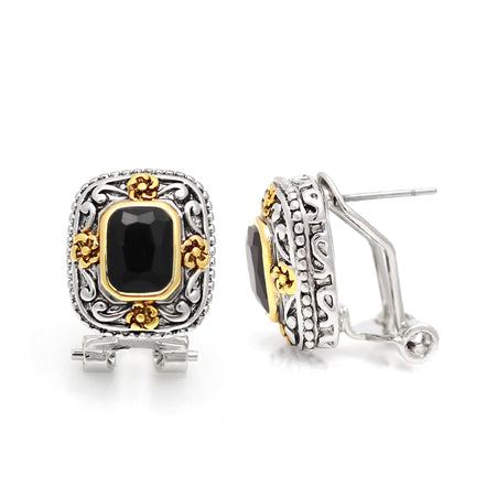 Two Tone Square Filigree Black Crystal Post Earrings
