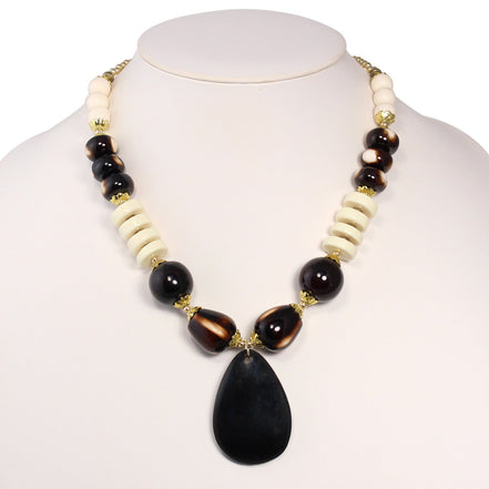 Gold-Tone Metal Ivory And Brown Beads Adjustable Lobster Claw Closure Teardrop Pendant Necklaces