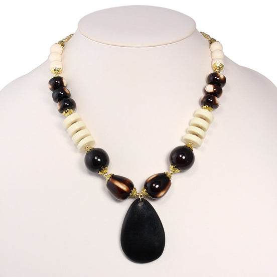 Gold-Tone Metal Ivory And Brown Beads Adjustable Lobster Claw Closure Teardrop Pendant Necklaces