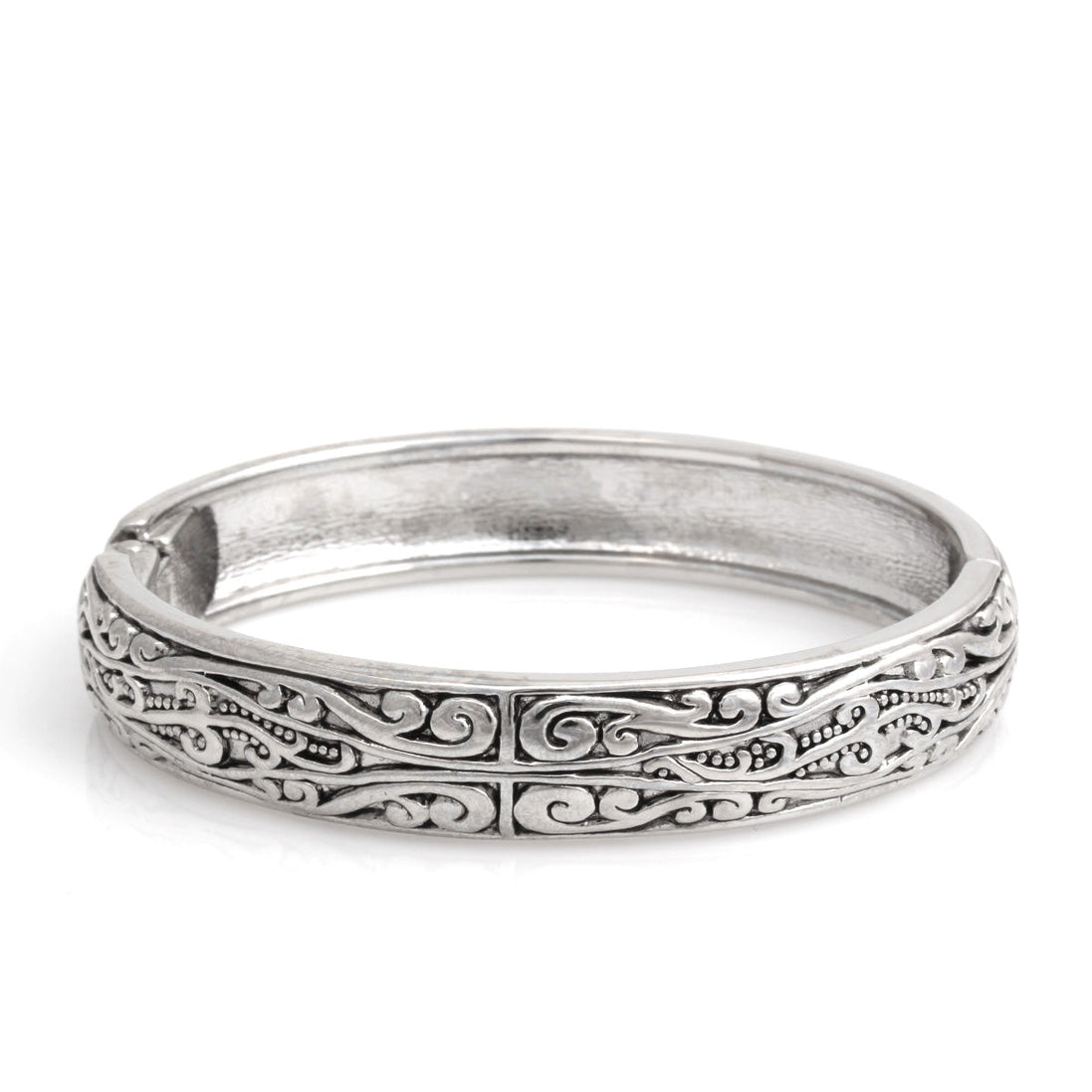 Rhodium Tone Metal Filigree Hinged Bracelet