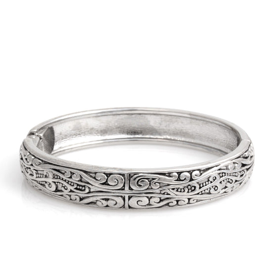 Rhodium Tone Metal Filigree Hinged Bracelet
