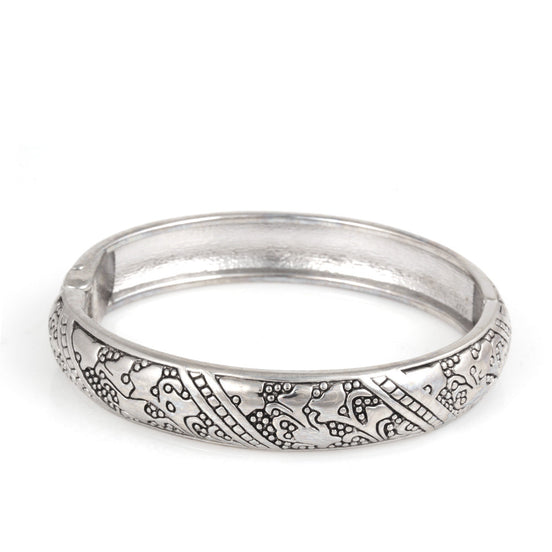 Rhodium Tone Metal Filigree Hinged Bracelet