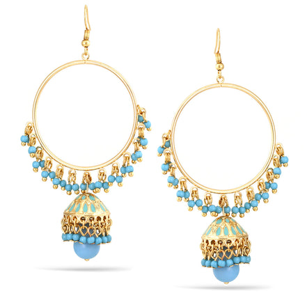 Gold Tone Metal Dogra Jhumka Teardrop Turquoise Chandelier Hoop Earrings