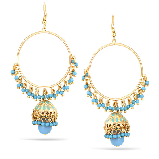 Gold Tone Metal Dogra Jhumka Teardrop Turquoise Chandelier Hoop Earrings