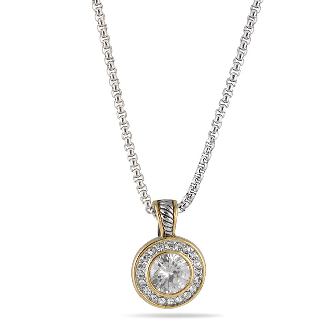 TWO TONE CLEAR CRYSTAL ROUND PENDANT NECKLACE 62994EH-CLR(FC19)