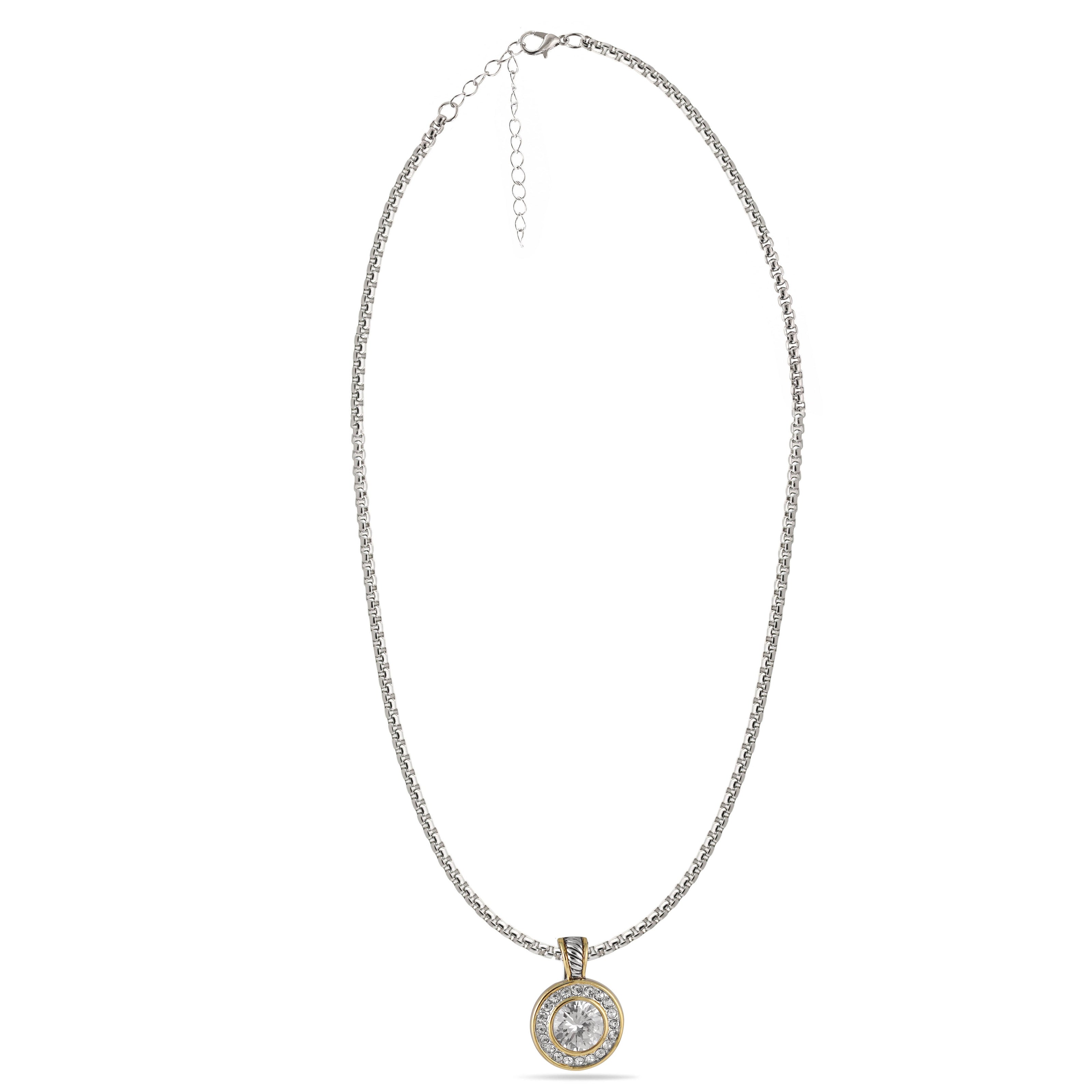 TWO TONE CLEAR CRYSTAL ROUND PENDANT NECKLACE 62994EH-CLR(FC19)