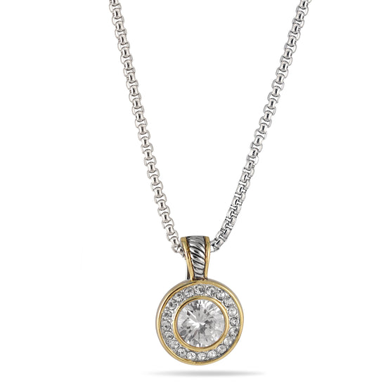 TWO TONE CLEAR CRYSTAL ROUND PENDANT NECKLACE 62994EH-CLR(FC19)