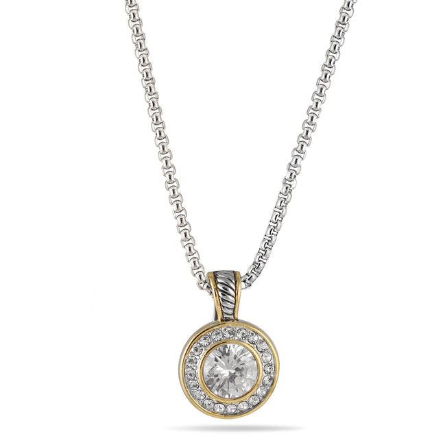 TWO TONE CLEAR CRYSTAL ROUND PENDANT NECKLACE 62994EH-CLR(FC19)