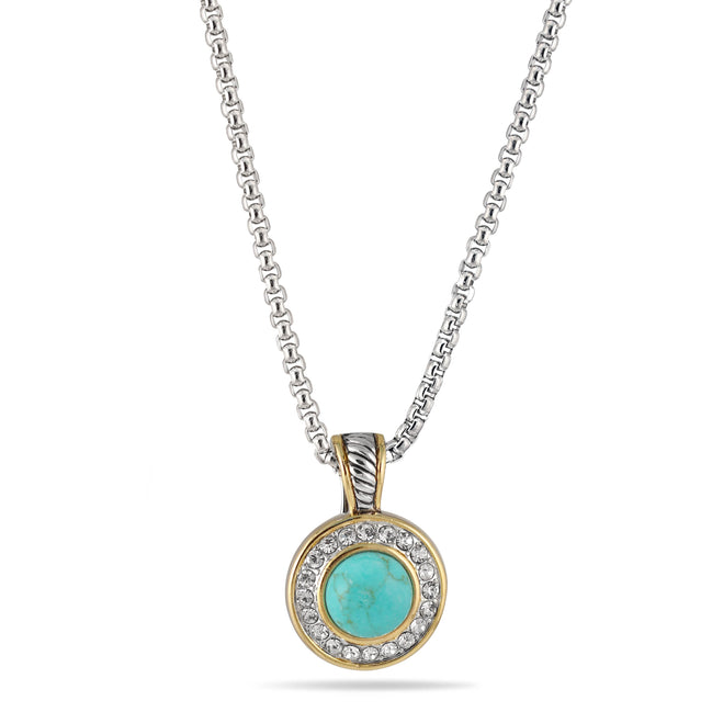 TWO TONE TURQUOISE AND CRYSTAL ROUND PENDANT NECKLACE 62994EH-TQ