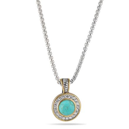 TWO TONE TURQUOISE AND CRYSTAL ROUND PENDANT NECKLACE 62994EH-TQ