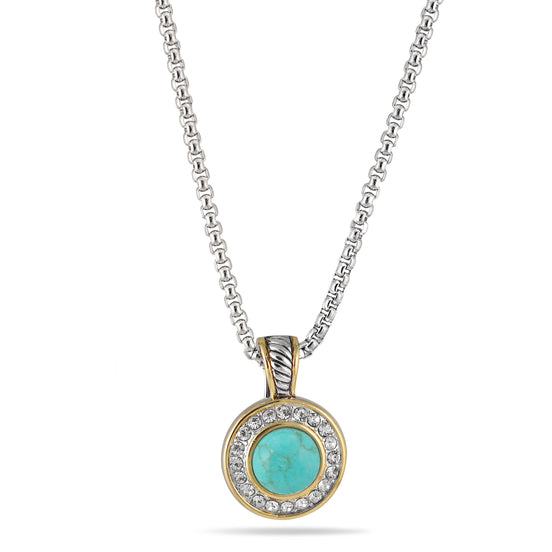 TWO TONE TURQUOISE AND CRYSTAL ROUND PENDANT NECKLACE 62994EH-TQ