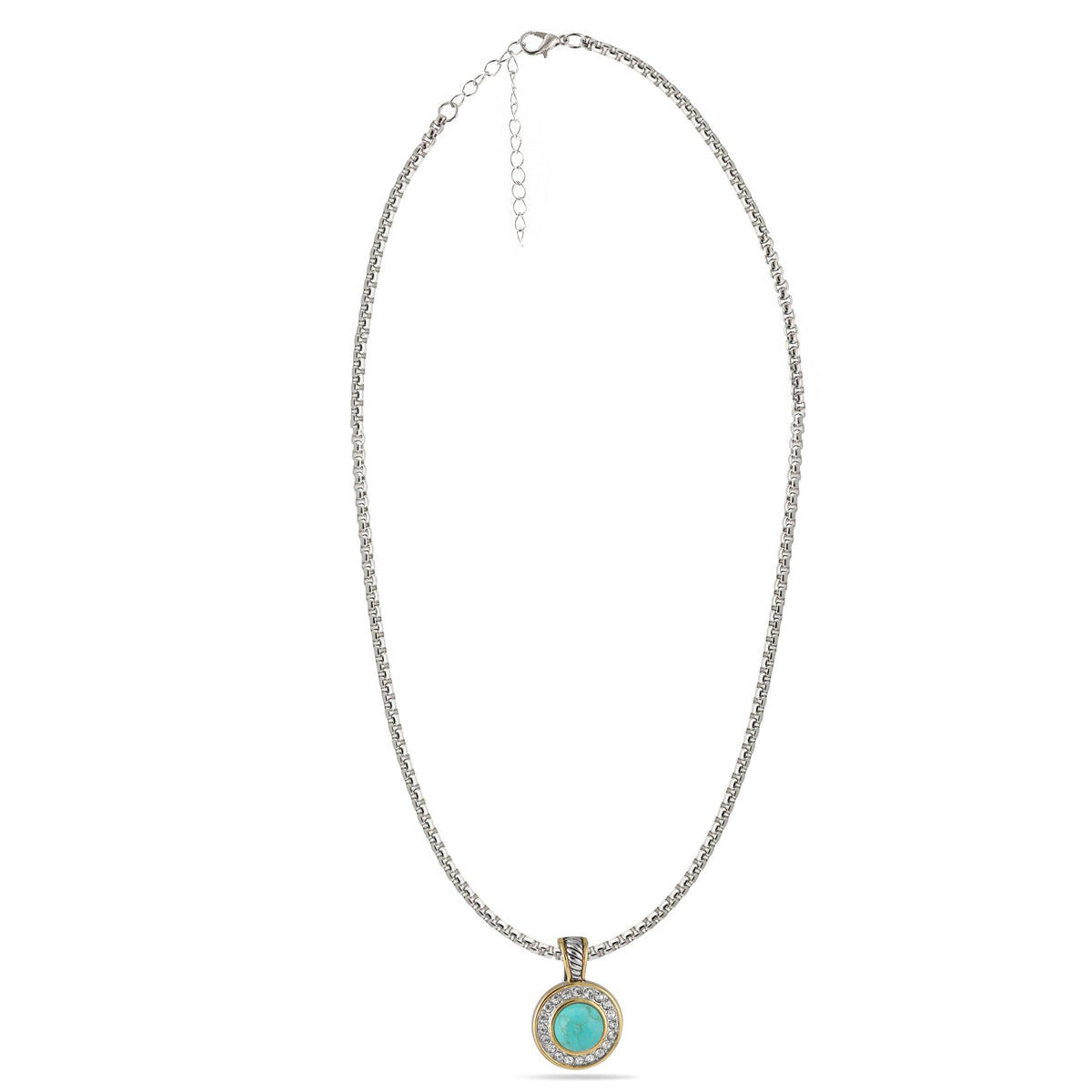 TWO TONE TURQUOISE AND CRYSTAL ROUND PENDANT NECKLACE 62994EH-TQ