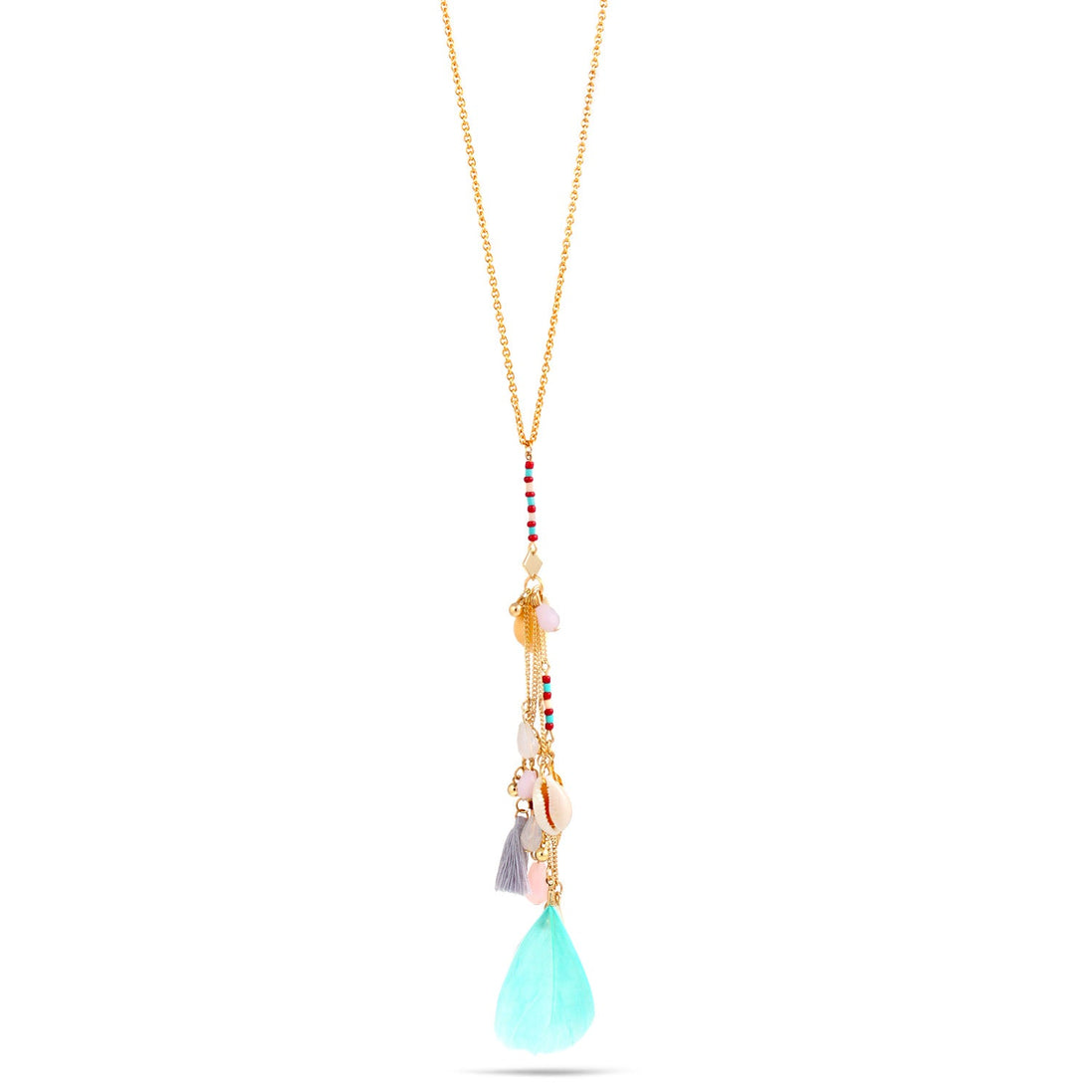 Gold Cowri Shell And Feather Charms Adjustable Length Chain Tassel Necklace