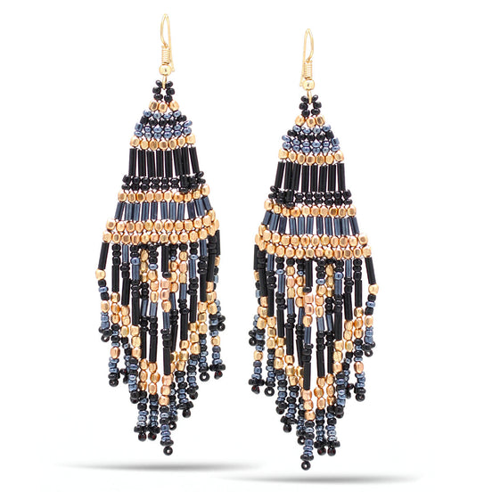 Gold And Black Beads Tassel Earrings
