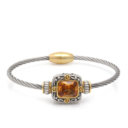 Two Tone Square Filigree Champagne Crystal Twisted Rope Magnetic Clasp Bracelet