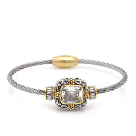 Two Tone Square Filigree Clear Crystal Twisted Rope Magnetic Clasp Bracelet