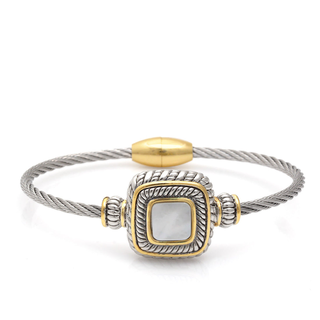 Two Tone Square Mother Of Pearl Twisted Rope Magnetic Clasp Bracelet