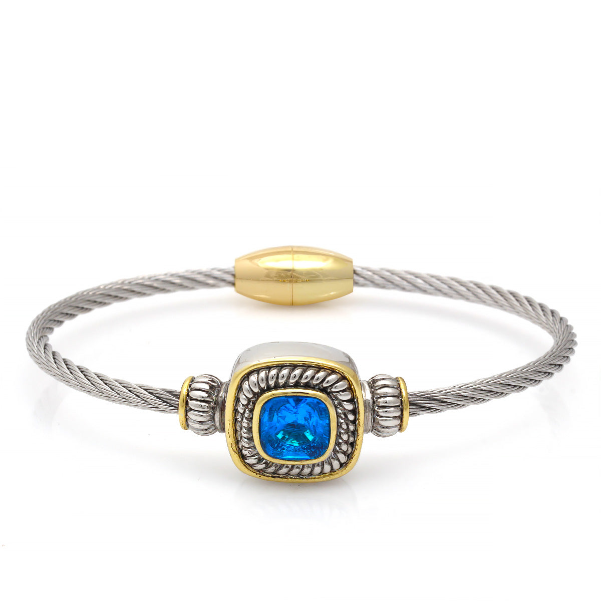 Two Tone Square Aqua Crystal Twisted Rope Magnetic Clasp Bracelet