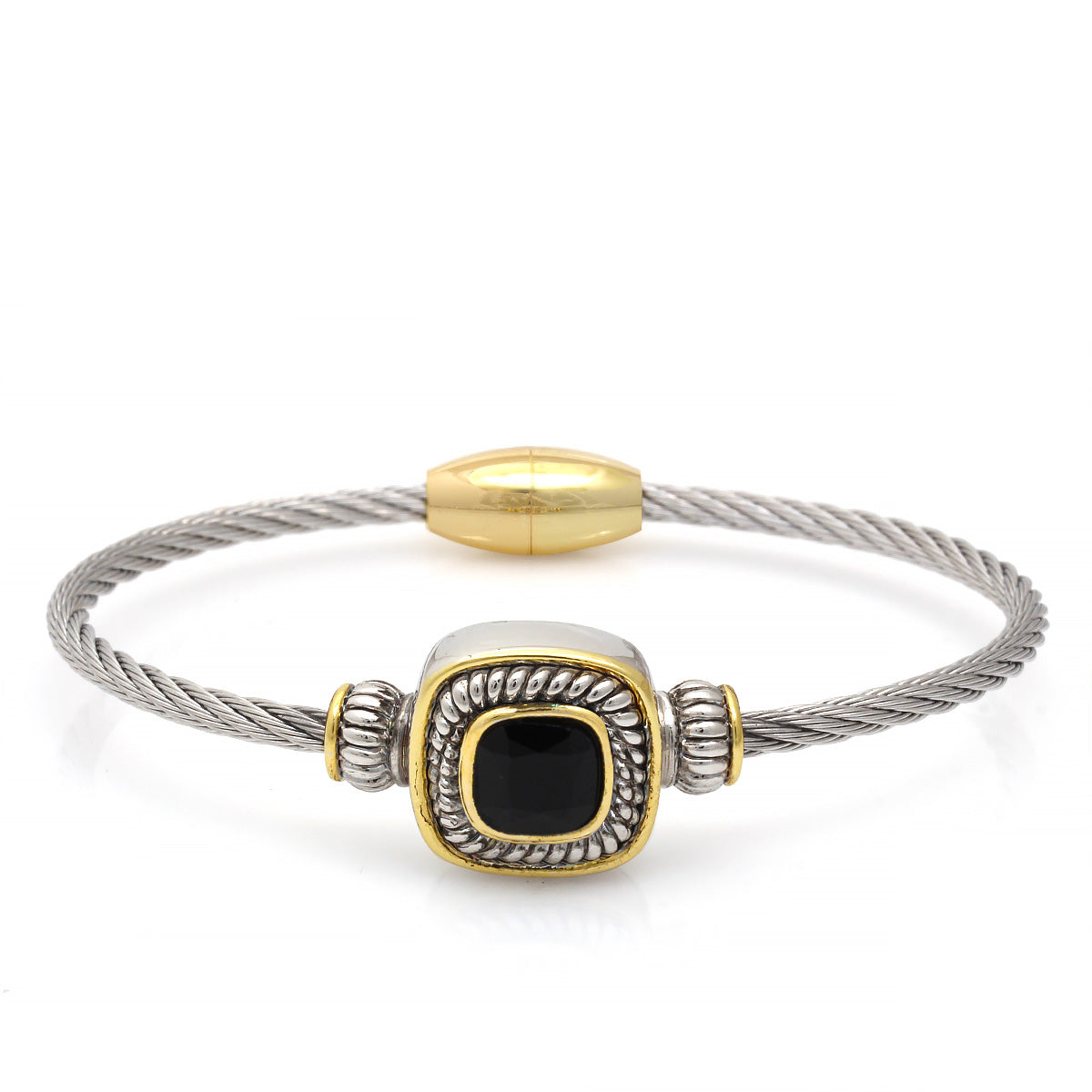 Two Tone Square Black Crystal Twisted Rope Magnetic Clasp Bracelet