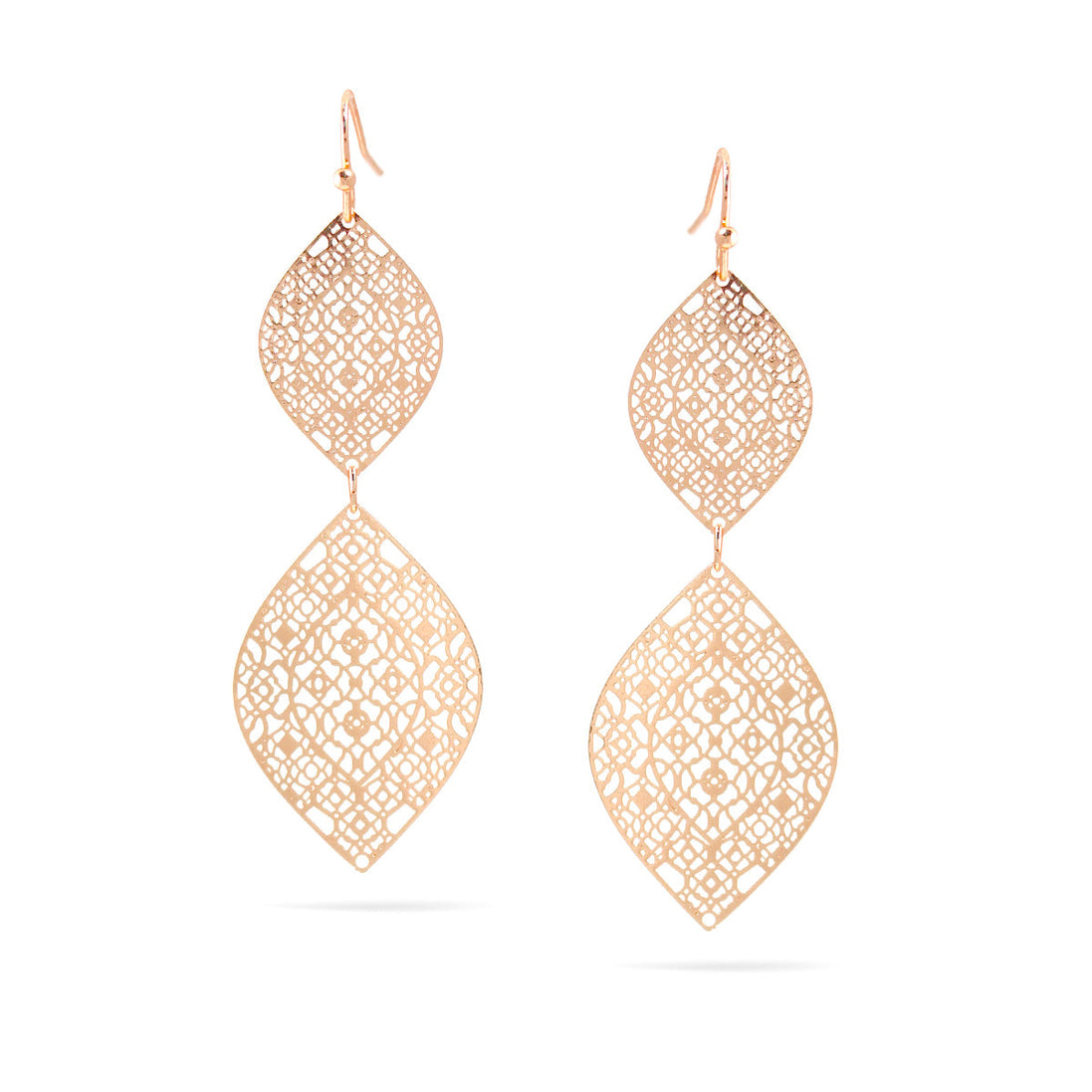 Rose Gold Filigree Leaf Drop Earrings
