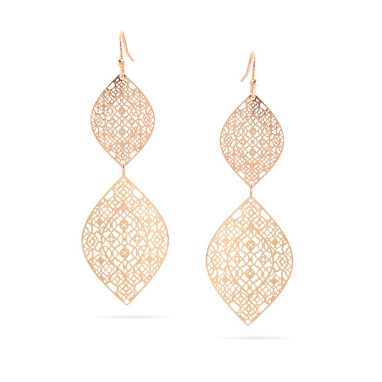 Rose Gold Filigree Leaf Drop Earrings