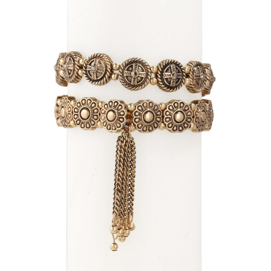 Antique Gold Flower Pattern 2 Pcs Bracelets Setc