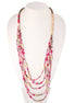 Gold Fuchsia Cream And Wood Beads Multi Layer Neckalce