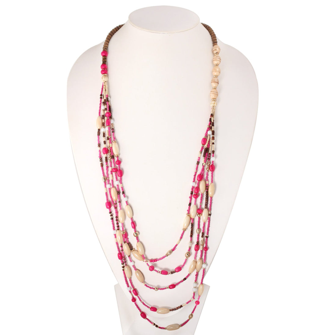 Gold Fuchsia Cream And Wood Beads Multi Layer Neckalce