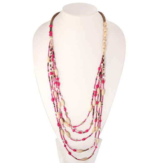 Gold Fuchsia Cream And Wood Beads Multi Layer Neckalce