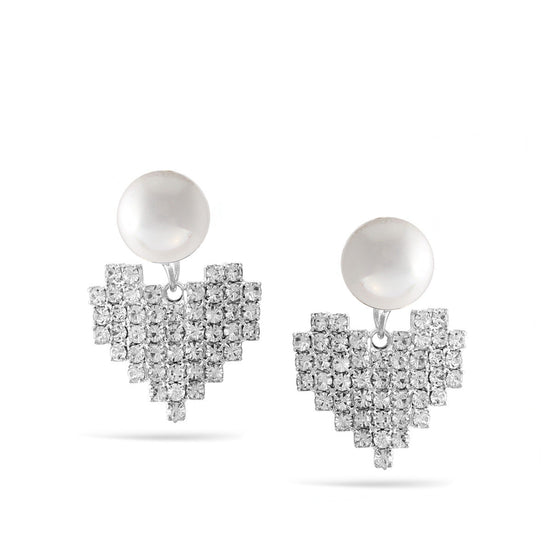 Silver Rhinestones Heart Pearl Post Earrings