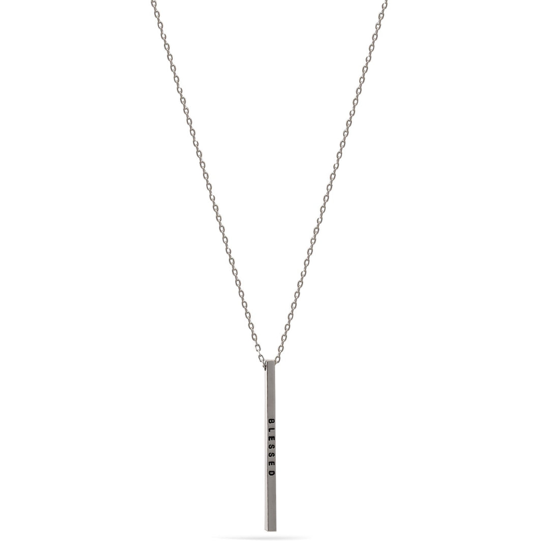 Rhodium "Blessed" Bar Pendant Adjustable Length Chain Necklace
