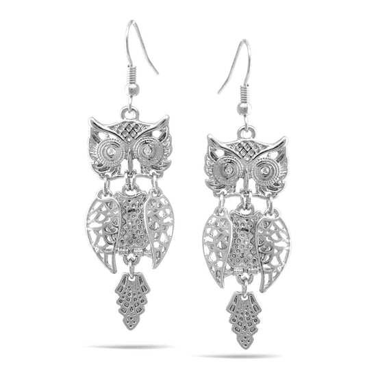 Rhodium Owl Drop Earrings