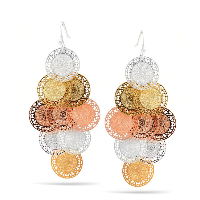Tri Tone Multi Circle Dangle Earrings