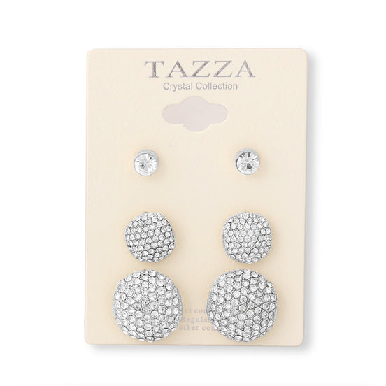Silver Rhinestone Crystal Set Of 3 Round Post Earrings
