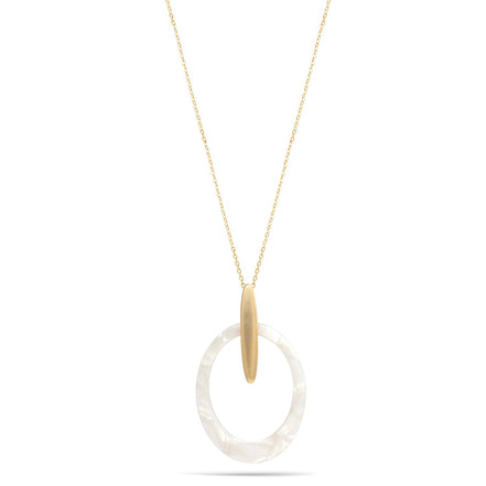 Matte Gold Ivory Acetate Resin Oval Pendant Adjustable Length Gold Chain Necklace