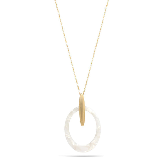 Matte Gold Ivory Acetate Resin Oval Pendant Adjustable Length Gold Chain Necklace
