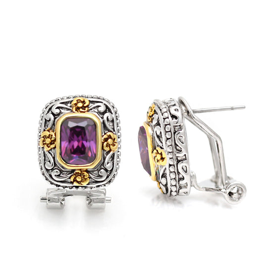 Two Tone Square Filigree Amethyst Crystal Post Earrings