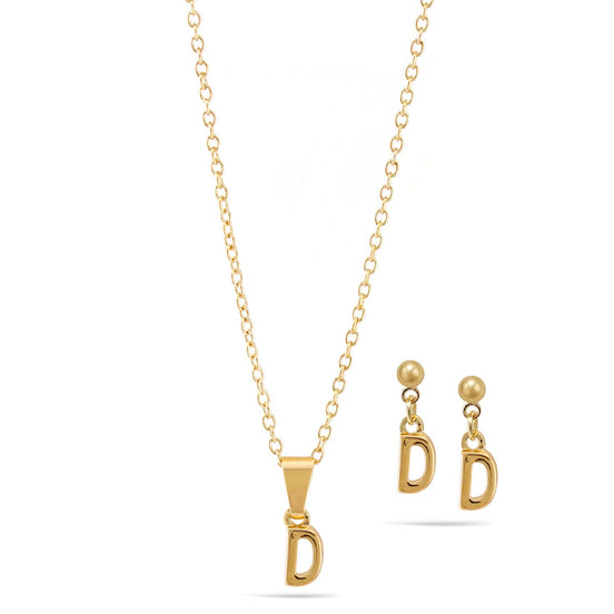 Gold "D" Small Pendant Adjustable Length Chain Short Necklace And Earrings Set